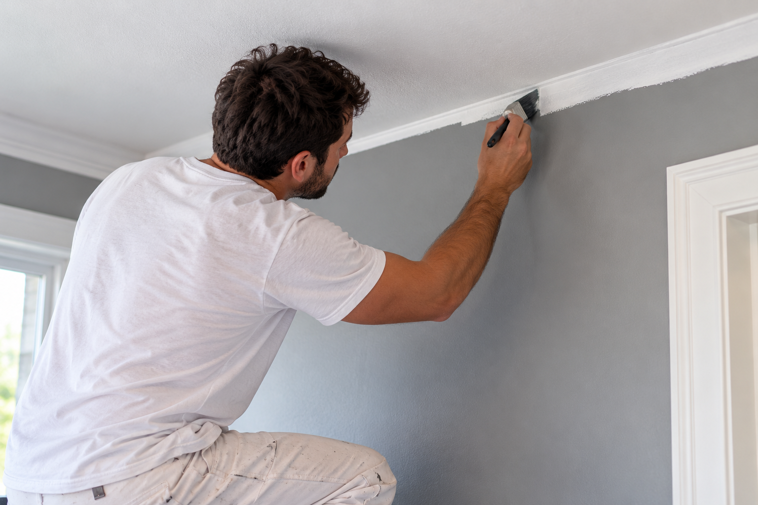Professional painter cutting in a wall